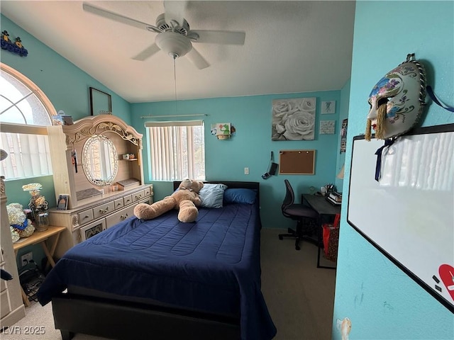 5517 Rock Creek Ln, Las Vegas, NV 89130 - carpeted bedroom with lofted ceiling and ceiling fan