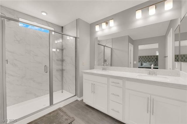 872 Pointe Arbor St, Henderson, NV 89011 - full bathroom featuring a marble finish shower, double vanity, and connected bathroom