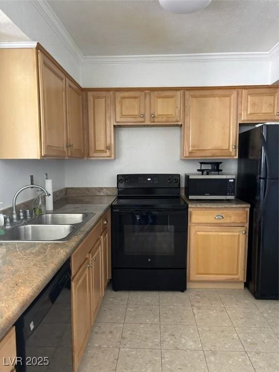 3930 University Center Dr Unit 702, Las Vegas, NV 89119 - kitchen with black appliances, a sink, ornamental molding, and light tile patterned flooring
