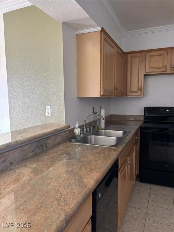3930 University Center Dr Unit 702, Las Vegas, NV 89119 - kitchen with black appliances, a sink, dark countertops, light tile patterned flooring, and ornamental molding