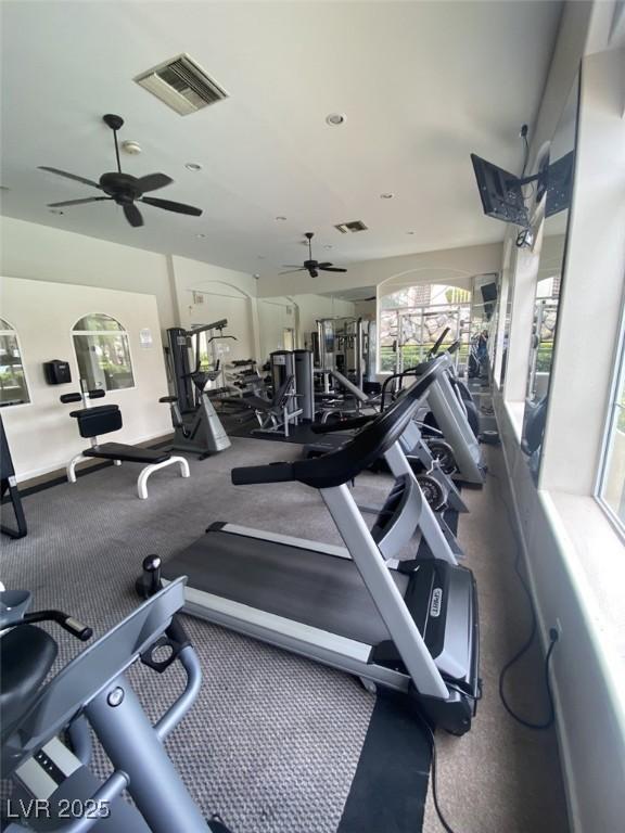 1511 Cardinal Peak Ln Unit 201, Las Vegas, NV 89144 - exercise room featuring ceiling fan, plenty of natural light, and recessed lighting