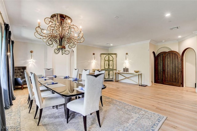 4162 Matterhorn Way, Las Vegas, NV 89124 - dining space featuring light wood-style flooring, a chandelier, recessed lighting, ornamental molding, and baseboards