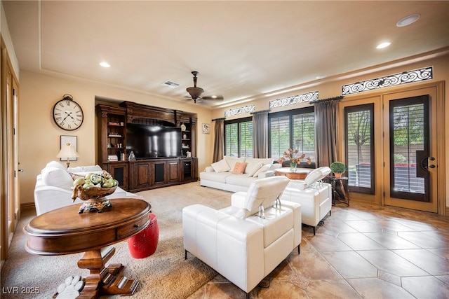 7947 Lookout Rock Cir, Las Vegas, NV 89129 - living area with recessed lighting, light tile patterned floors, and a ceiling fan