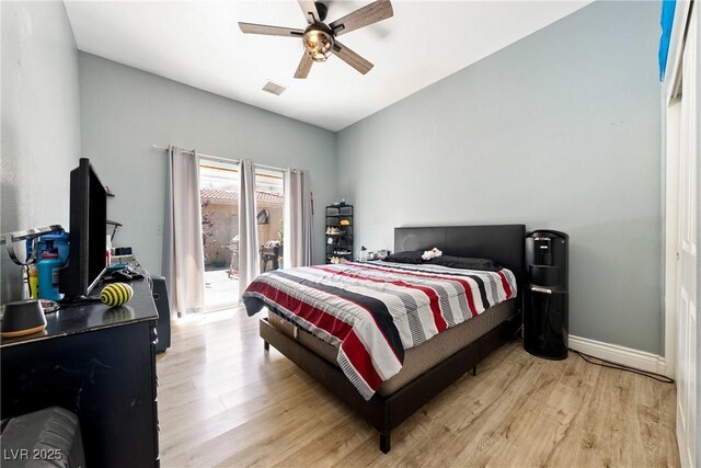 3360 National Ave, Pahrump, NV 89048 - bedroom with light wood-type flooring, access to exterior, baseboards, and ceiling fan