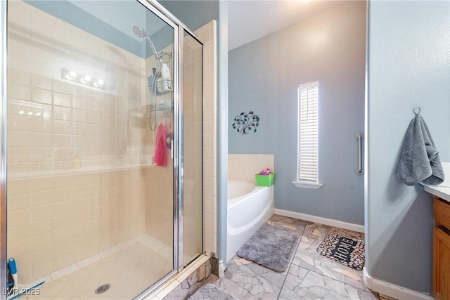 3360 National Ave, Pahrump, NV 89048 - bathroom with a stall shower, vanity, a bath, and baseboards