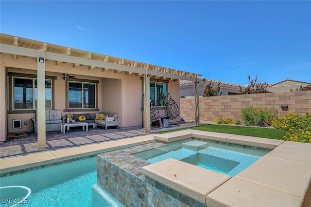 1120 Via Della Curia, Henderson, NV 89011 - swimming pool featuring an in-ground hot tub, outdoor lounge area, ceiling fan, and a patio