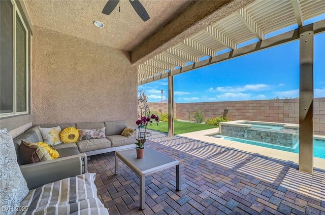 1120 Via Della Curia, Henderson, NV 89011 - fenced backyard featuring a ceiling fan, a pergola, an outdoor hangout area, a patio, and a pool with connected hot tub