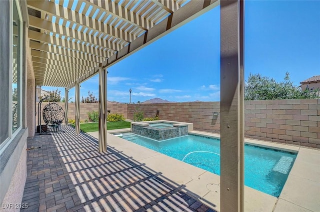 1120 Via Della Curia, Henderson, NV 89011 - view of pool featuring a fenced backyard, a pergola, a patio area, and a pool with connected hot tub