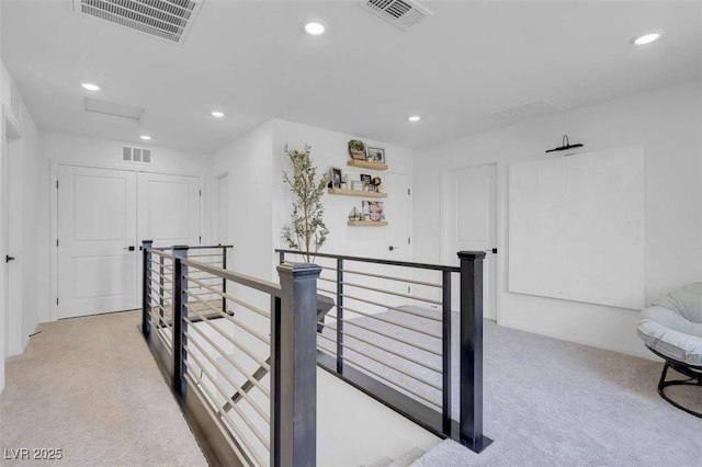 10292 Fragrant Apple Ct, Las Vegas, NV 89141 - hallway with carpet, an upstairs landing, attic access, and recessed lighting
