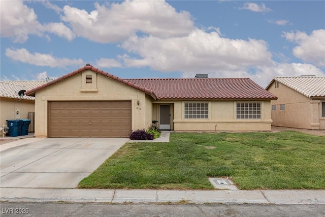 1835 Banaba Ln, Las Vegas, NV 89156 - view of front of house featuring stucco siding, a garage, driveway, a tiled roof, and a front yard