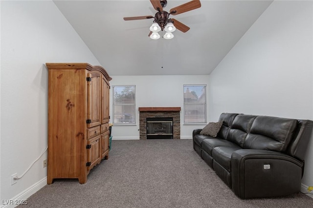 1835 Banaba Ln, Las Vegas, NV 89156 - living room featuring a ceiling fan, light carpet, lofted ceiling, and baseboards