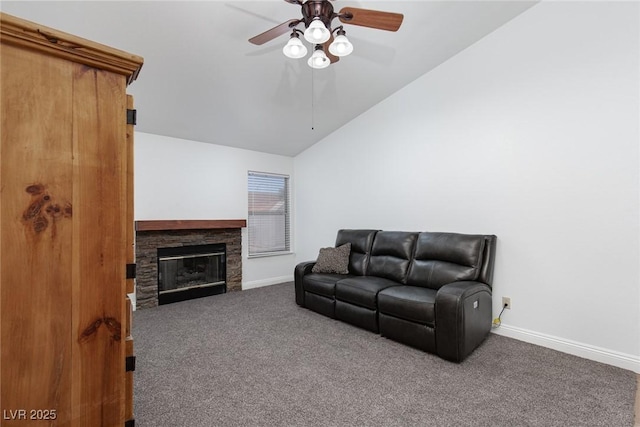 1835 Banaba Ln, Las Vegas, NV 89156 - carpeted living area with lofted ceiling, baseboards, ceiling fan, and a stone fireplace