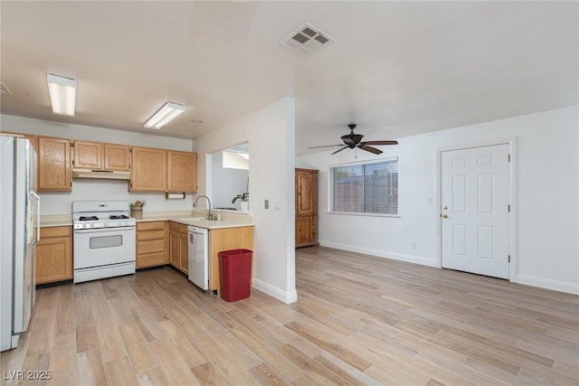 1835 Banaba Ln, Las Vegas, NV 89156 - kitchen featuring white appliances, under cabinet range hood, a sink, and light wood finished floors