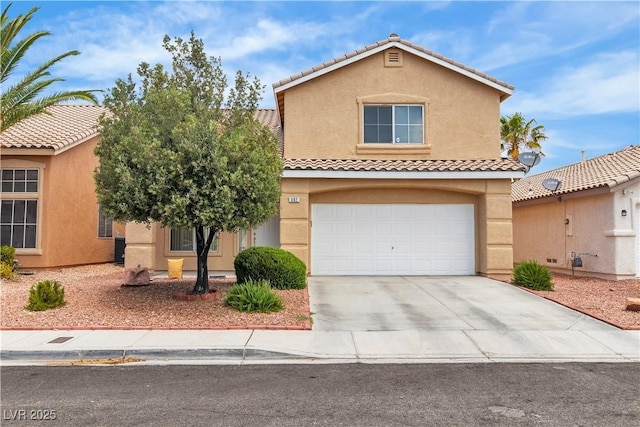 682 E Sole Addiction Ave, Las Vegas, NV 89183 - mediterranean / spanish home featuring stucco siding, a tiled roof, concrete driveway, and a garage