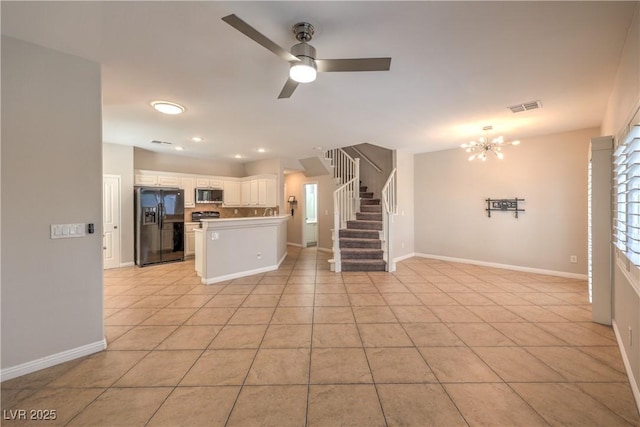 8775 Traveling Breeze Ave Unit 102, Las Vegas, NV 89178 - unfurnished living room featuring light tile patterned floors, stairs, a chandelier, baseboards, and recessed lighting