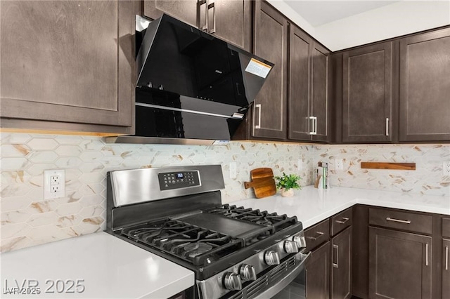 2407 Ridgeline Wash St, Las Vegas, NV 89138 - kitchen featuring gas range, extractor fan, dark brown cabinets, and backsplash