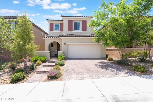 10829 Crestview Pointe Ave, Las Vegas, NV 89166 - mediterranean / spanish-style home featuring a tile roof, stucco siding, driveway, a garage, and a gate