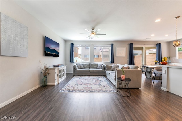 10829 Crestview Pointe Ave, Las Vegas, NV 89166 - living area featuring dark wood-style floors, ceiling fan, baseboards, and recessed lighting