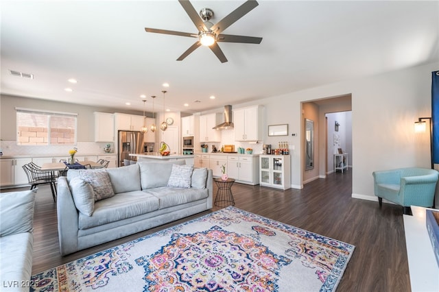 10829 Crestview Pointe Ave, Las Vegas, NV 89166 - living room with dark wood-style floors, a ceiling fan, recessed lighting, and baseboards