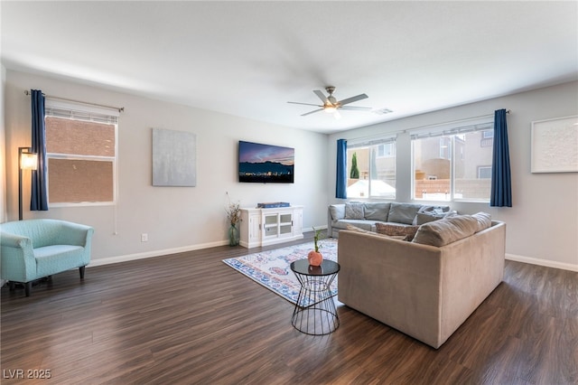 10829 Crestview Pointe Ave, Las Vegas, NV 89166 - living area with dark wood-type flooring, a ceiling fan, and baseboards