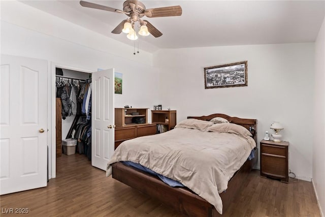 2037 Merano Ct, Las Vegas, NV 89123 - bedroom featuring vaulted ceiling, wood finished floors, a closet, ceiling fan, and a spacious closet
