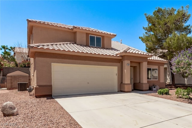 2037 Merano Ct, Las Vegas, NV 89123 - mediterranean / spanish-style house with stucco siding, central AC, a tiled roof, and concrete driveway