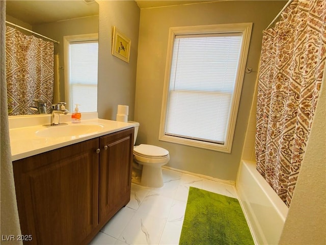 11117 Okeefe Ct, Las Vegas, NV 89144 - full bathroom featuring vanity, toilet, marble finish floors, and shower / bath combination with curtain