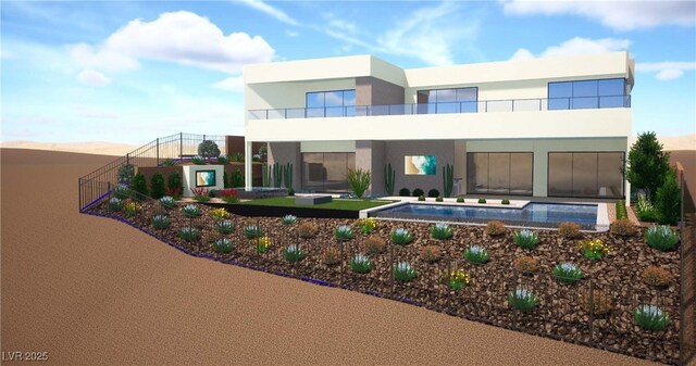 25 Canyon Bay Dr, Henderson, NV 89011 - rear view of house with stucco siding, an outdoor pool, and a balcony