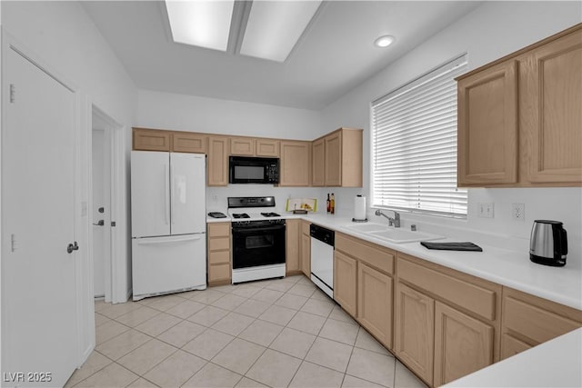 2323 Barbers Point Pl, Las Vegas, NV 89134 - kitchen with white appliances, light brown cabinets, a sink, light countertops, and light tile patterned floors