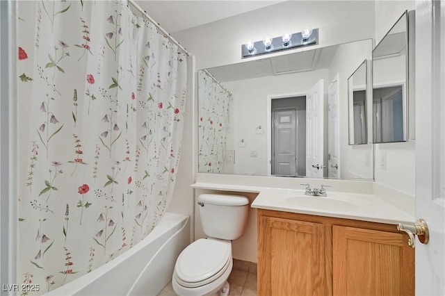 5429 Sweet Shade St, Las Vegas, NV 89130 - bathroom with vanity, shower / bath combination with curtain, toilet, and tile patterned flooring