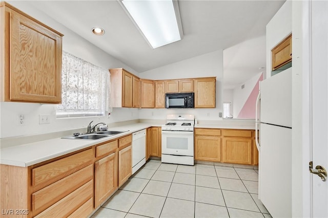 5429 Sweet Shade St, Las Vegas, NV 89130 - kitchen with white appliances, a sink, vaulted ceiling, light tile patterned floors, and light countertops