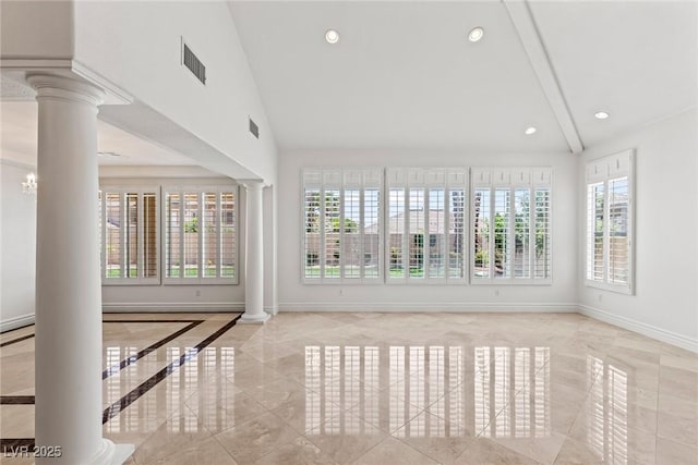 2846 Barrow Downs St, Las Vegas, NV 89135 - unfurnished room with ornate columns, healthy amount of natural light, baseboards, vaulted ceiling, and recessed lighting