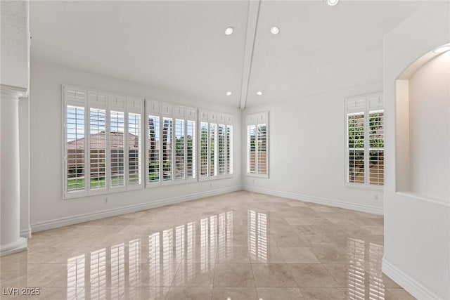 2846 Barrow Downs St, Las Vegas, NV 89135 - tiled spare room featuring ornate columns, plenty of natural light, recessed lighting, lofted ceiling, and baseboards