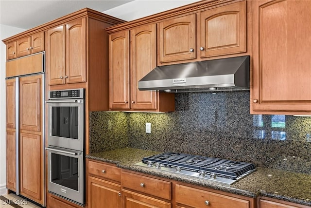 2846 Barrow Downs St, Las Vegas, NV 89135 - kitchen with under cabinet range hood, appliances with stainless steel finishes, tasteful backsplash, dark stone counters, and brown cabinetry