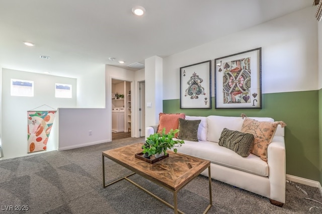 803 Calm Crystal Ct Lot 143, North Las Vegas, NV 89081 - carpeted living room featuring baseboards, recessed lighting, and washer / clothes dryer