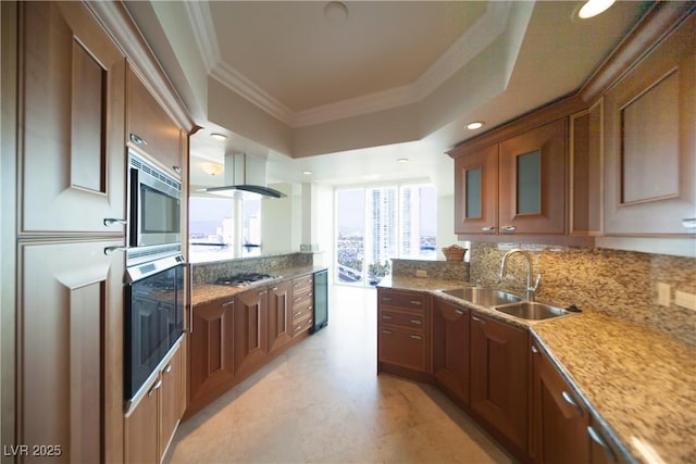 2777 Paradise Rd Unit 1505, Las Vegas, NV 89109 - kitchen featuring stainless steel appliances, a sink, wine cooler, ornamental molding, and light stone countertops
