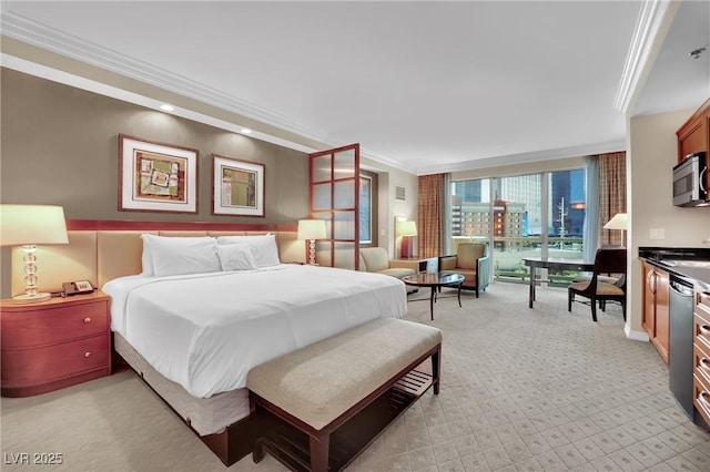 135 E Harmon Ave Unit 315, Las Vegas, NV 89109 - bedroom featuring light colored carpet and ornamental molding