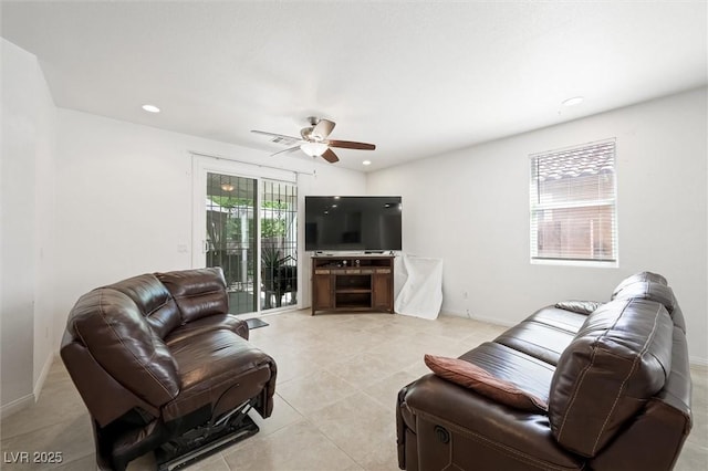 9104 Ashiwi Ave, Las Vegas, NV 89178 - living room featuring a ceiling fan, light tile patterned floors, recessed lighting, and baseboards