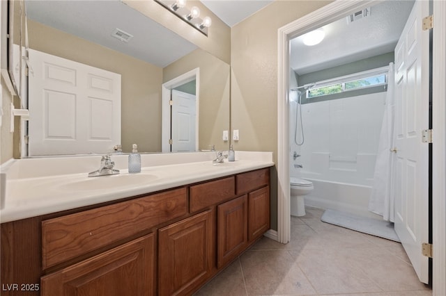 9393 New Utrecht St, Las Vegas, NV 89178 - bathroom with double vanity, toilet, shower / tub combo, and tile patterned flooring