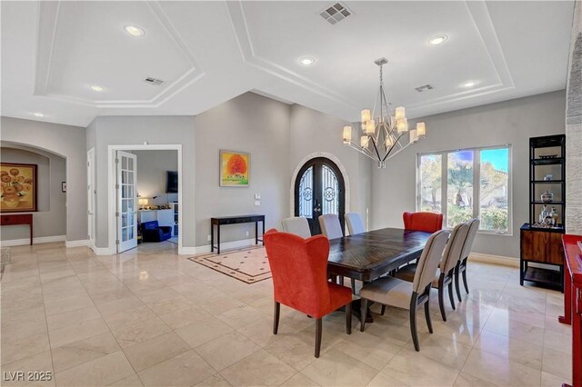 2111 Bogart Ct, Las Vegas, NV 89117 - dining area with a tray ceiling, baseboards, french doors, and recessed lighting