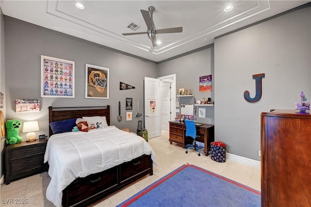 2111 Bogart Ct, Las Vegas, NV 89117 - bedroom featuring a tray ceiling, recessed lighting, baseboards, light tile patterned floors, and ceiling fan