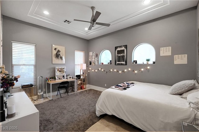 2111 Bogart Ct, Las Vegas, NV 89117 - bedroom featuring a tray ceiling, recessed lighting, an office area, baseboards, and a ceiling fan