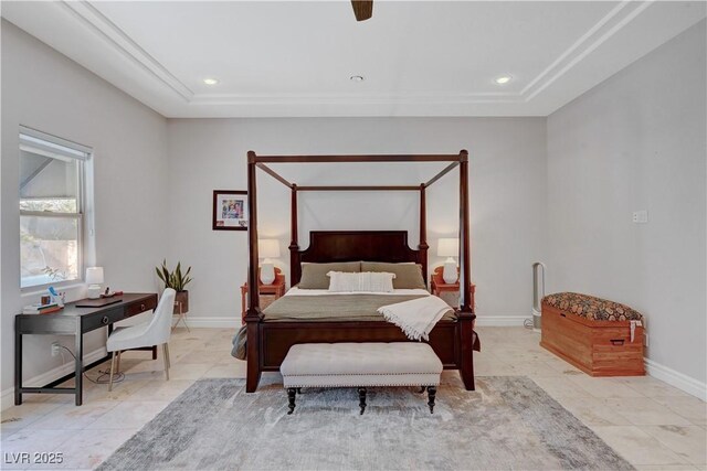 2111 Bogart Ct, Las Vegas, NV 89117 - bedroom featuring a raised ceiling, baseboards, recessed lighting, ceiling fan, and light tile patterned floors