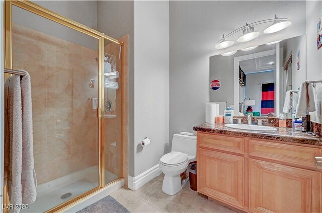 2111 Bogart Ct, Las Vegas, NV 89117 - bathroom with toilet, a stall shower, vanity, and baseboards