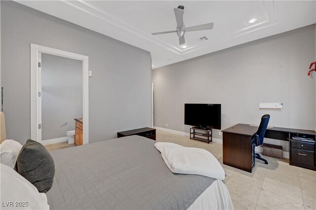 2111 Bogart Ct, Las Vegas, NV 89117 - bedroom with a desk, recessed lighting, a ceiling fan, baseboards, and a raised ceiling