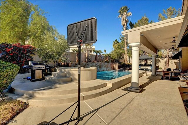 2111 Bogart Ct, Las Vegas, NV 89117 - view of pool featuring a grill, a patio area, and ceiling fan