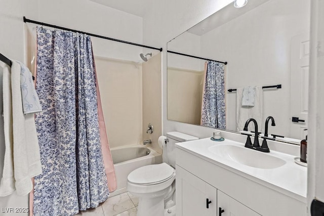 10180 Delray Beach Ave Unit 202, Las Vegas, NV 89129 - bathroom featuring toilet, shower / tub combo with curtain, vanity, and marble look tile flooring