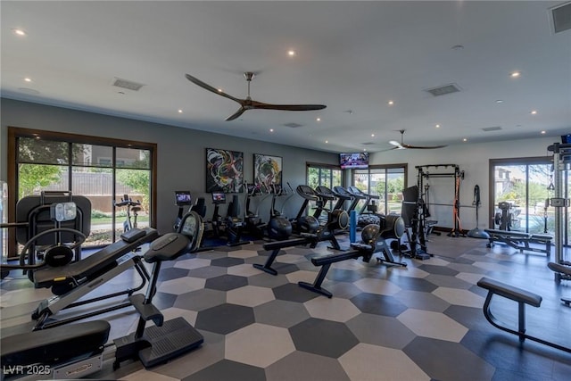 4290 Solace St, Las Vegas, NV 89135 - exercise room with plenty of natural light, ceiling fan, and recessed lighting