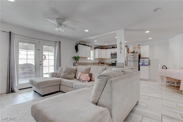 4739 Glenndavis Dr, Las Vegas, NV 89121 - living room with french doors, a ceiling fan, and recessed lighting