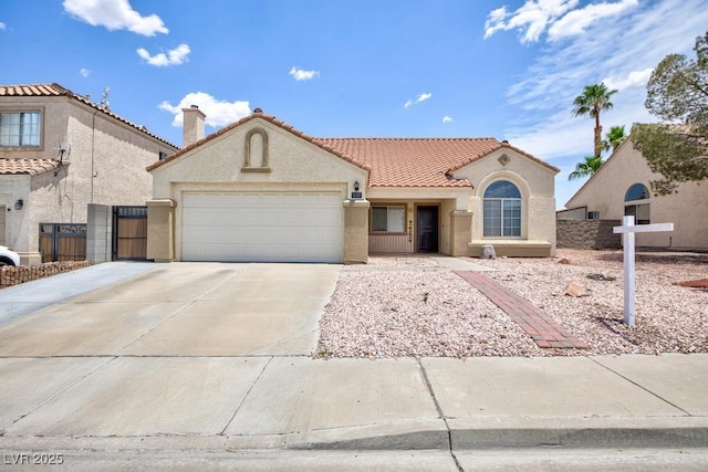 610 Playa Del Sol Way, Henderson, NV 89015 - mediterranean / spanish-style home with a tiled roof, stucco siding, an attached garage, driveway, and a chimney